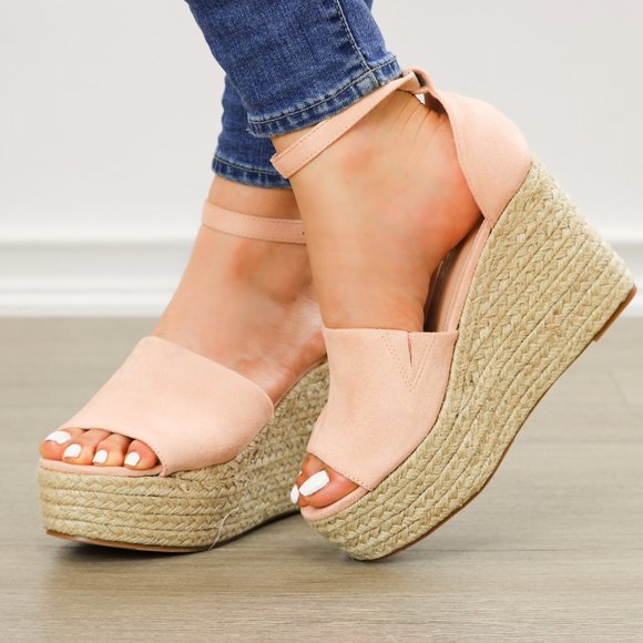 Blush Faux Suede Wedge Peep Toe Espadrille Sandal - Picture 6 of 8